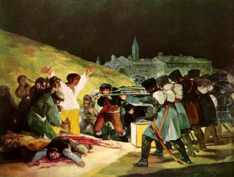  The Spanish painter Francisco Goya recorded war, long before war photographers existed. One of his most famous oil paintings depicting the horrors of war is El Tres de Mayo de 1808 en Madrid o Los fusilamientos en la montana del Principe Pio (The Third of May, 1808,