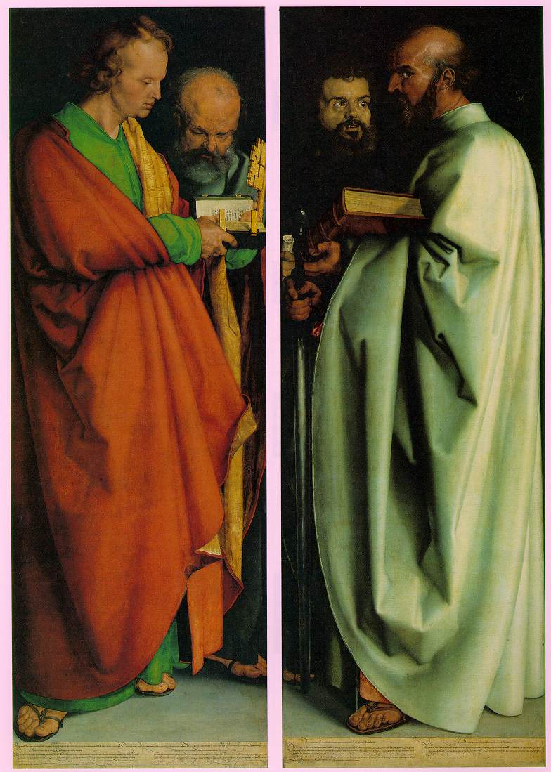 Durer,. Four Apostles. 1526. two tall narrow panels. From L to R: John, peter, Mark, Paul. The original triptych idea was abandoned when Nuremberg went Lutheran