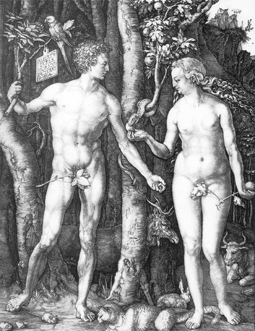 Durer. Garden of Eden."Among the first results of these studies, which were to engage him throughout his life, was the engraving of Adam and Eve, in which he embodied all his new ideas of beauty and harmony, and which he proudly signed with his full name in Latin, ALBERTUS DURER NORICUS FACIEBAT 1504 ('Albrecht Durer of Nuremberg made this engraving in 1504').