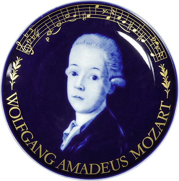 ''The portrait on the plate is the famously misattributed depiction of Mozart’s childhood friend, Count Karl Firmian, as a young boy, who eternally travels the world as "Wolferl." In its function as drawing-room adornment, the portrait recedes into symbol; the innocent boyish face appeals to our nurturing instincts—the seeds of the genius we seek to possess, in their vulnerable childhood shell.''