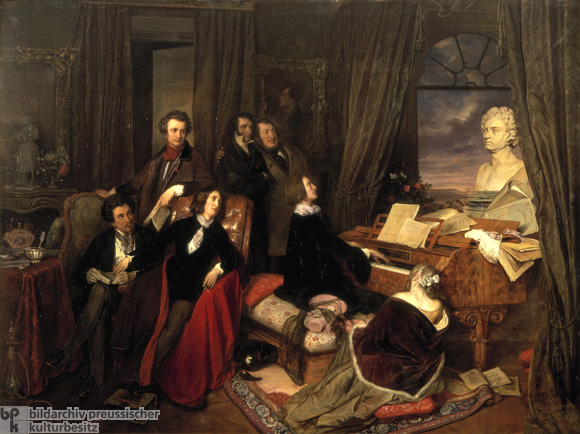 Franz Liszt (1811-1886), Hungarian composer and pianist, plays for Alexander Dumas (the Elder), Aurore Dupin (George Sand), and the Countess Marie d'Agoult (all seated), Hector Berlioz, Niccolò Paganini, and Giacomo Rossini (standing). A bust of Beethoven by Anton Dietrich sits atop the piano and a portrait of Lord Byron hangs on the wall. Painting by Josef Danhauser, 1840.
