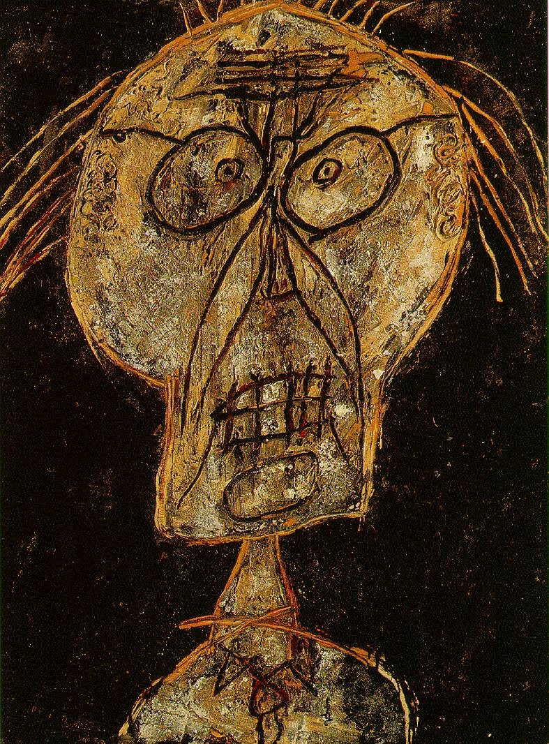 Jean Dubuffet.'' His thick, mud-colour asphalt paintings - what Davies calls his ‘grungier ones’ - which, in the mid-1940s displayed a sad tendency to melt in the overheated New York flats where they found homes, are just one example of how much Dubuffet’s work embodies (like Marcel Duchamp’s snow shovel) the prospect of their self-destruction and inevitable failure. The question of failure became central for Dubuffet from the moment he began, in the late 1940s, to hail Art Brut as the only true form of artistic creation.''