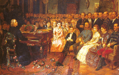 Franz Liszt playing for Emperor Franz Joseph … … and Empress Elisabeth in the Redoute of Buda. Replica by Franz Schmaus and Karl Lafitte.