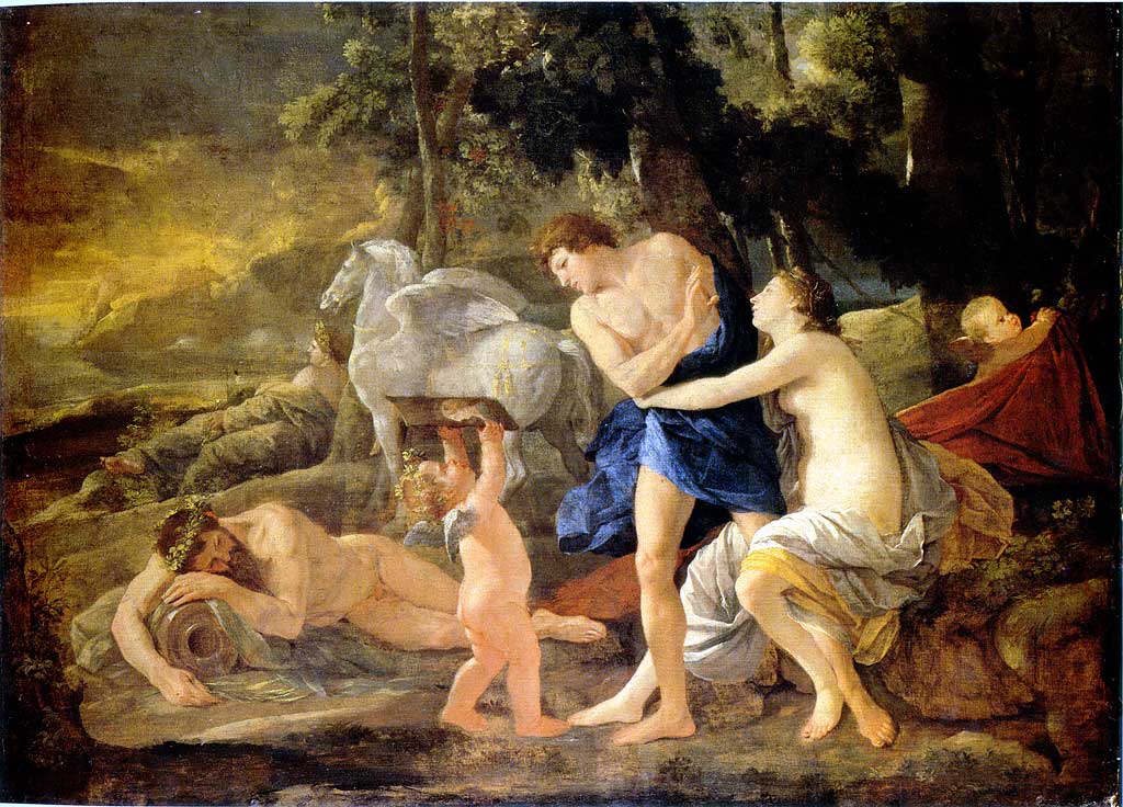 Cephalus and Aurora. Nicolas Poussin. 1627-30.''Aurora, goddess of dawn, fell in love with the mortal Cephalus and tried to seduce him. He thought only of his wife Procris and rejected her. Poussin shows the cause of Cephalus' rejection of Aurora through the putto holding up Procris' portrait, a detail not included in the best-known version of the story in Book 7 of Ovid's 'Metamorphoses'.''