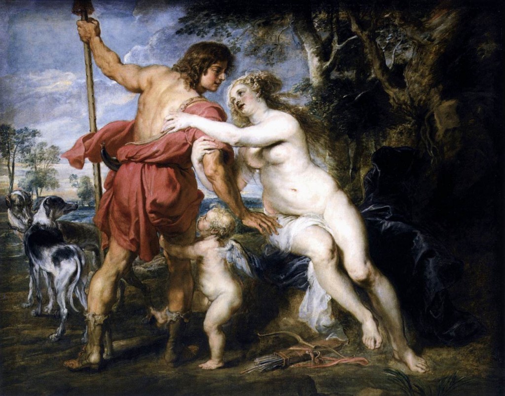 Venus and Adonis. 1635.Pieter Pauwel Rubens. Venus and Adonis.''The story, which has attracted not only artists but poets, including Shakespeare, tells that Adonis was the offspring of the incestuous union of King Cinyras of Paphos, in Cyprus, with his daughter Myrrha. His beauty was a byword. Venus conceived a helpless passion for him as a result of a chance graze she received from Cupid's arrow (Ovid: Metamorphoses). One day while out hunting Adonis was slain by a wild boar, an accident Venus had always dreaded. Hearing his dying groans as she flew overhead in her chariot, she came down to aid him but was too late. In the place where the earth was stained with Adonis' blood, anemones sprouted.''