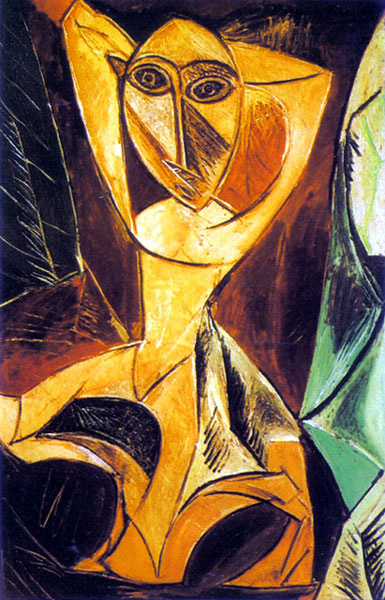 Picasso. The Dancer. 1907. Dancer reflects the impact of African sculpture and is the masterpiece of the Black period, marked by a shift from moody romanticism to barbaric vigor.