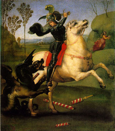 ''Raphael, St. George Fighting the Dragon, 1505; Oil on wood, 12×10 1/4 in (30×26 cm); Musée du Louvre, Paris''