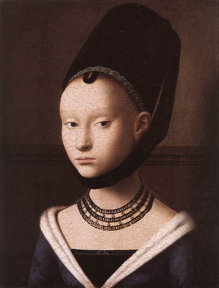 Petrus Christus. ''The surface has the brilliance of porcelain and the purity of the overall effect looks forward to Vermeer. The lively expression of the girl and her oblique glance, suggesting that something or someone just outside the frame has caught her attention, contrasts with the frontal composition.''