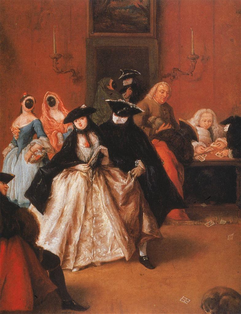 Pietro Longhi ( 1701-1785 ) Al Ridotto. The Venice carnival. The pictures of Longhi, suggestive, raffish and elegant, recall the dissolute nature of Venice's charm. Here the mask permitted license.