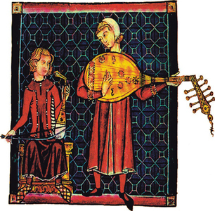 ''Musicians with their instruments. Miniature from a song book of the 13th century.''