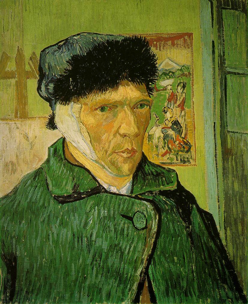 1889.'' The hat is hiding away his hair or lack thereof, and keeps his image of himself as a monk uncertain at this time. Van Gogh is no longer sure whether he is persevering through his suffering with the resolve of a Buddhist, and thus creates an ambiguous identity in this self-portrait. It is possible he does not want to show the monk’s defeat, and is not willing to reveal that he no longer can follow the Buddhist beliefs.''