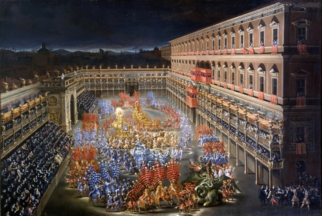 An evening carrousel is performed in Christina's honor at the Palazzo Barberini in Rome. She watched from the lower box in the center of the palace facade. The pageant, which took place in February, 1656, featured a mock battle between teams of ''cavaliers'' and ''amazons'', 280 performers in all