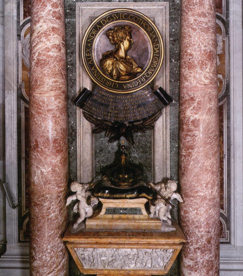 ''The Queen, who converted to Catholicism and abdicated the throne, is shown in a gilt and bronze medallion, supported by a crowned skull.  There are three reliefs on the urn: Christina relinquishes the throne of Sweden to embrace Catholicism (center), the scorn of the nobility (on the right), faith which triumphs over heresy (on the left).''