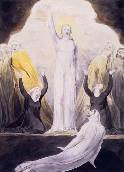 William Blake. Raising of Lazarus. '' Blake's paintings were not about technical virtuosity or painterly flair. His draftsmanship was not particularly good, as this painting all too clearly shows. What interested him, and why he is important, was the mystical reinterpretation of religious ideas. He wanted to focus on spirituality rather than hard-and-fast dogma.''