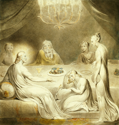 William blake. Martha and Mary. '' Blake believed in the equality of the sexes, and perhaps he emphasizes this by depicting more women than men at the dinner in Martha's house. Blake also vigorously opposed scientific materialism, part of which argued against the unprovable existence of a  supernatural deity, in other words, God.''