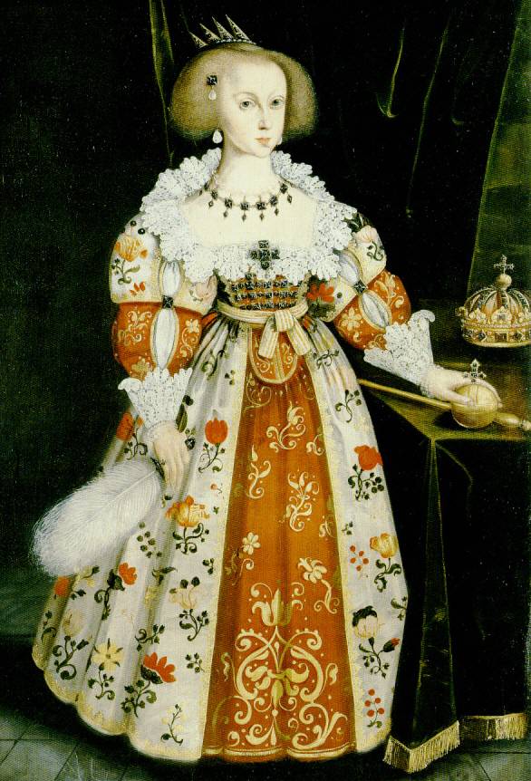 ''Queen Christina of Sweden wears a colorful dress with lace ruff-collar and balloon sleeves in this 1634 Jacob Elbfas portrait. She was the heir of Gustavus Adolphus and ruled Sweden between 1632 and her abdication in 1654; she died in 1689. Gretta Garbo played her in Queen Christina in 1933.''