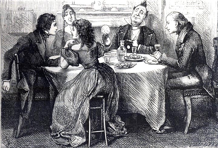 '''Let us be merry.' Here he took a captain's biscuit." (1870s) Illustration by Fred Barnard for Dickens's Martin Chuzzlewit (Chapter V) [Young Martin Chuzzlewit meets his architectural master, Seth Pecksniff, and the Pecksniff sisters, Charity and Mercy.] page 41. 9.3 cm x 13.7 cm.''