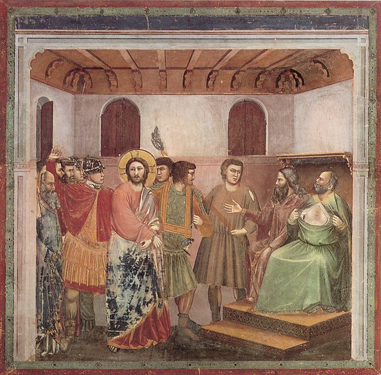 Giotto. Christ Before Caiaiphas. ''After His arrest Christ is brought before Caiaphas for questioning. He is accused of blasphemy, a crime punishable by death. Christ finally turns His head and looks back. Christ had always been facing the right. Now He seems to be looking back on the world that has brought Him here.''