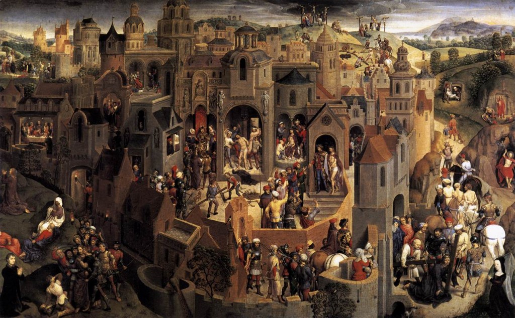 ''Hans Memling. The Passion cycle is enacted in this setting with the addition of the Resurrection and several of Christ's appearances to his followers, but without the Ascension. This is the first time that Memling applied the spatial narrative structure that he was later to use on two other occasions (Munich and Lübeck) to present a Gospel cycle. The narrative meanders symmetrically from the rear left to the foreground and through the principal scene in the middle, before culminating on the right, once again in the distance. Calvary is set somewhat apart as the principal scene in the background. Christ's various appearances after his Resurrection are not particularly significant in iconographical terms, and are probably included as visual links running into the landscape. ''