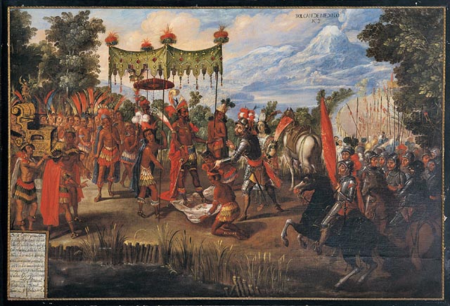 ''Unknown artists "The Meeting of Cortés and Montezuma,"  from the Conquest of Mexico series Mexico, second half of seventeenth century Oil on canvas''
