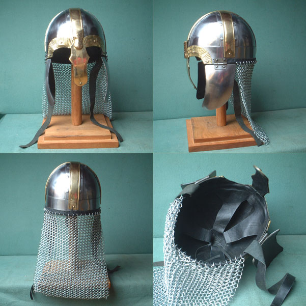 ''We are offering a high quality replica of the famous Coppergate helmet. The original helmet, which experts date to be from the eigth century AD and to be of Anglo-Saxon origin, was found just outside the wellknown Coppergate (York) archeological site.   York was the center of a Viking territory and a kingdom under the Danish vikings. It was named Jorvik at the time. The helmet is very similar to the Viking helmets, best known for their nose protection (nasal). ''