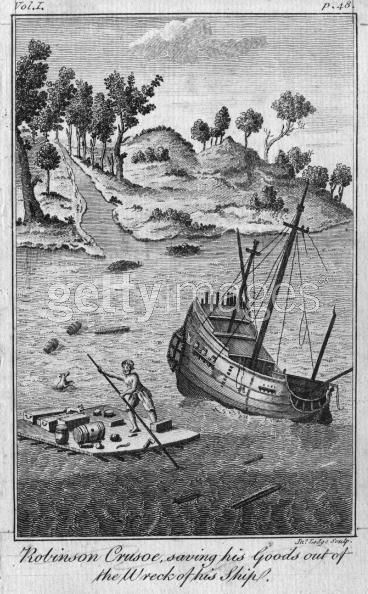 Illustration from the 1722 edition of Robinson Crusoe pictures Crusoe's wrecked ship from which he is pluckily salvaging supplies.