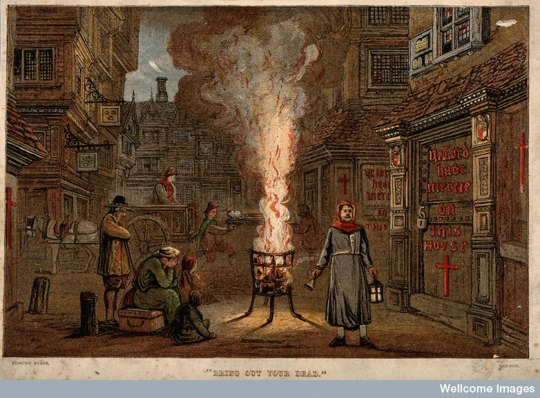 A street during the plague in London with a death cart