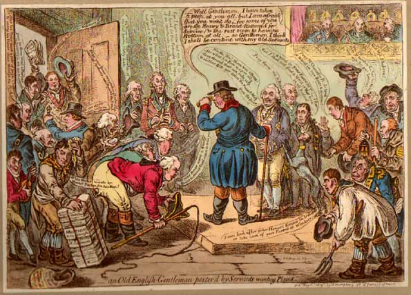 James Gillray . '' The King says, “Well Gentlemen, I have taken a peep at you all; but I am afraid that you wont do, for some of you are too Heavy & Broad-Bottom’d for Service, & the rest seem to have no Bottom at all. – so Gentlemen, I think I shall be content with my old Servants”.