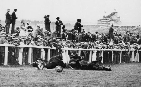 Derby Day, 1913: Emily Davidson throws herself under the King's horse, Amner, at Epsom. Photo: Arthur Barrett/Hulton. For a gallery of archive pictures marking the 90th anniversary of the suffragettes' campaign,