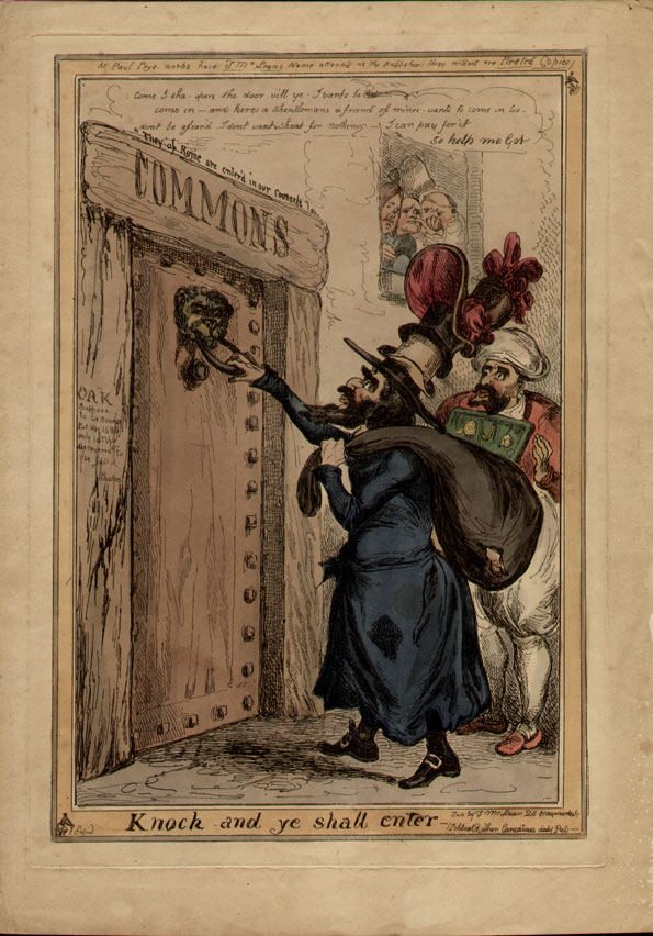 heath10 William Heath. A stereotypical Jewish merchant is knocking at the door of the ‘Commons’ asking to be allowed in. From a window above three men look out, one is a Jesuit and another a fat monk look down with disapproval. Catholic emancipation had raised the hopes of Jewish emancipation, and this is one of the more desirable images on this subject.