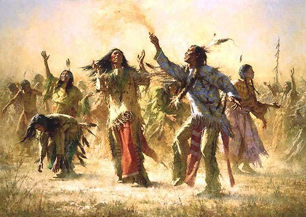 Hope Springs eternal. Howard Terpning.As a result, the Ghost Dance religion swept the Great Plains like wildfire. The Indians' culture had been destroyed by the white man and the Indians were ready to grasp at any straw that would promise a return to the old ways. By 1890, most tribes were practicing the religion, which prophesied that all the buffalo would reappear, the white man would vanish and all the Indian dead would come back to life.  It was said that the Ghost Dance shirts and dresses would protect the wearer from white men's bullets, but at the Wounded Knee massacre, the Indians discovered that the garments gave no protection. After that tragedy, their last hope was destroyed and they lost heart.