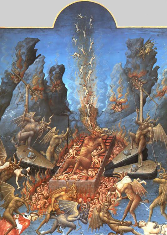 Satan spews up the damned with his fiery breath while demons work the realistic bellows of an infernal forge in the Limbourg's picture of Hell in the Tres Riches Heures. Evidently an influence on Bosch and the strange juxtapositions he created.   