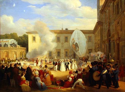''Le 29 avril 1829, alors qu’il est ambassadeur de France à Rome, Chateaubriand reçoit dans les jardins de la villa Médicis, Institut de France, la grande duchesse Hélène de Russie. La fête est grandiose, et il dira que c’est la réception la plus grandiose et la plus réussie qu’il ait eu l’occasion d’organiser. Le tableau est de Louis Dupré (1789-1837).''