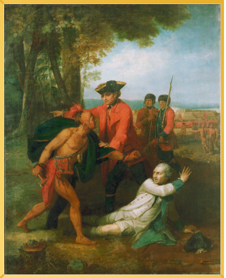 ''This oil painting shows a scene set in the 1750s during the British, French and Indian War in America: General Sir William Johnson is shown stopping a Native American warrior from taking the scalp of a French soldier.  Benjamin West (1738 to 1820) was an American, born in Pennsylvania, who studied painting in Italy before settling in London in 1763. He is renowned for his portraits as well as his paintings of historical events.''