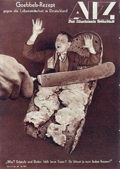 ''A 1935 photomontage by John Heartfield depicts a Nazi knife spreading a screaming Jew across a piece of bread, turning his body into butter. The headline describes the image as a recipe of Josef Goebbels, the Nazi propaganda minister.  As might be expected, Heartfield's work got him into serious trouble with the Nazis. In April 1933, Heartfield narrowly escaped arrest by the Gestapo. The artist, who was only slightly taller than 5 feet, climbed out of his apartment window and hid inside a scrapped barbershop sign on a neighbor's ground-floor patio,...''