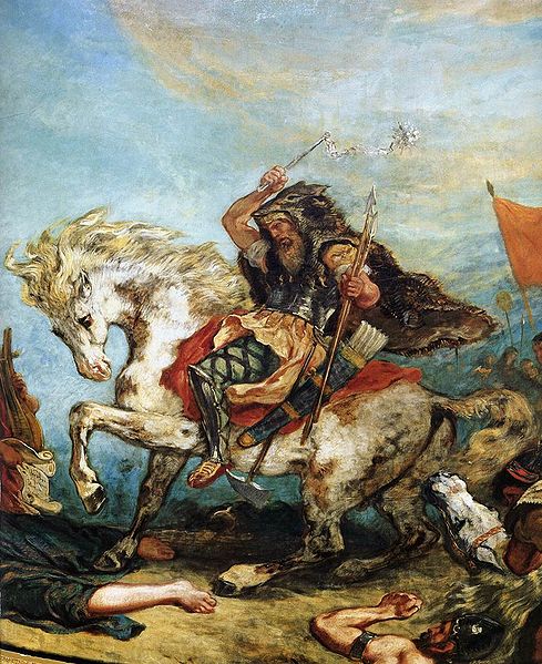 Attila and his Hordes Overrun Italy and the Arts (detail) (1838-1847 Painting by Eugène Delacroix, reproduction from Wikipedia, `Attila the Hun'.) 