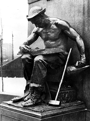 ''The statue of "Labor," also known as "The Reading Blacksmith," is one element in a monument memorializing Pittsburgh industrialist Col. James Anderson (1785-1861). It is the work of Daniel Chester French (1850-1931), sculptor of the statue of Abraham Lincoln enshrined in the Lincoln Memorial, Washington, D.C.  The monument was the gift of Andrew Carnegie to the people of the city of Allegheny (now the North Side of Pittsburgh) in honor of a man whom Carnegie viewed as his benefactor.  In the words of the monument, Col. Anderson is praised as "founder of free libraries in western Pennsylvania." It goes on to sing that Anderson "opened his library to working boys and on Saturday afternoons acted as librarian, thus dedicating not only his books, but himself, to the noble work."