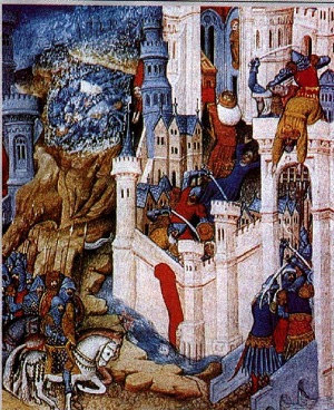 Sack of Rome in 410 by Alaric the King of the Goths. Miniature from 15th Century. Public Domain. Courtesy of Wikipedia.