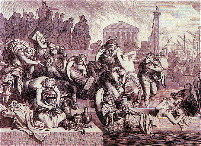 ''Too Convenient to be True...  Classic image of "rape and pillage". The melodrama hides the insidious and corrosive influence of the Church on several generations of weak-minded Roman princes.  It is now clear that the migrating tribes, often desperate and on the verge of starvation, had a code of morality and humanity superior to the degenerate Romans. With wagons and cattle, their movement was less of an "onslaught" than a pitiful trek.'' ( www.travelers-digest.com )