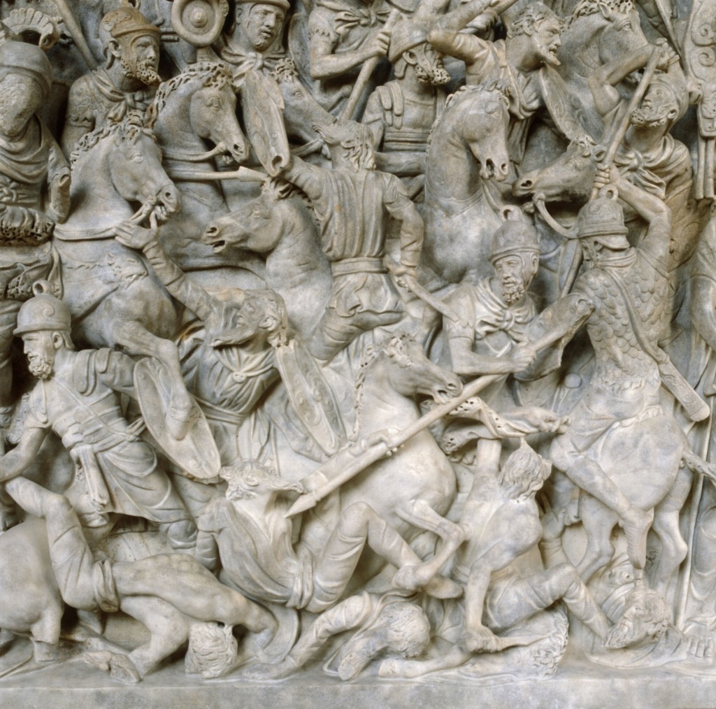 Romans are shown fighting against barbarians in this 2nd century sarcophagus.www.history.net