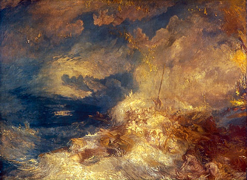 Turner. Disaster at Sea.1835. Schama: ''He was, once again, playing with fire, and although that 1835 picture is in a radically incomplete state, it's the skeleton of a masterpiece. Flecked with gobs of phosphorescent cinders raining down from the sky into a storm-churned sea, the huge composition was traditionally given the title "Fire at Sea." For years, it was underrated and underread as a rough sketch. It is in the National Gallery show, where visitors will find it described as "Disaster at Sea," which is right but not right enough. Fifteen years ago, the scholar Cecilia Powell recognized that the work depicted an actual calamity, or, rather, a crime: the sinking of the Amphitrite, in September, 1833. Powell made one simple, vital connection that hadn't been noticed before: the frantic figures wrapped about the broken mast and fallen spars of the rapidly sinking wreck are all women and small children. The Amphitrite was a convict ship transporting female prisoners and their infants to the penal settlement in New South Wales. ...''