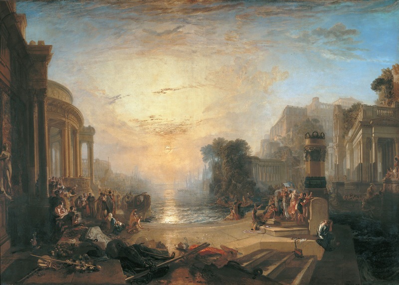 Tate. Turner. Decline of the Carthaginian Empire,1817,''This painting is shown in the centre of the long wall opposite the fireplace, the focal point of a series of five grand, tragic subjects. The fall of the once great city of Carthage is symbolised by the setting sun; the full title of the painting describes how the 'enervated' Carthaginians, desperate for peace, surrendered their arms and their children to their enemy, Rome. Turner saw the rise and fall of great empires as a historical inevitability, recently confirmed by the fall of Napoleon, but which also threatened the current supremacy of the British empire. The pair to this painting, Dido Building Carthage, is shown on the end wall of Turner's gallery. Today the pair are separated: Dido Building Carthage hangs in the National Gallery, while this painting is on display at Tate Britain.''