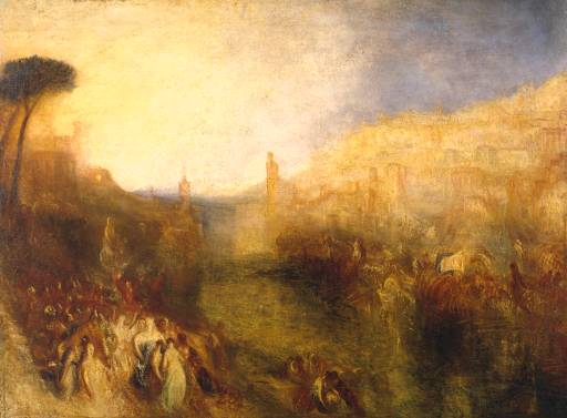 Tate:''Turner's last appearance at the annual Royal Academy exhibitions was in 1850, when he showed four pictures of the story of Dido and Aeneas. This is the concluding scene, which shows Dido and her attendants watching Aeneas as he leaves Carthage for Italy. Aeneas had been told that it was his destiny to become the founder of Rome, but his love for Dido had tempted him to stay in Carthage and put off his final journey to Italy. After his departure the heartbroken Dido killed herself. When Turner had shown this painting in the Royal Academy he had printed lines from his poem The Fallacies of Hope in the catalogue; but a reviewer writing in the Spectator said that the only fallacy was there being 'any hope of understanding what the picture means.''