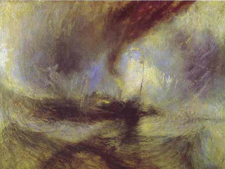 Snow Storm. 1842. tate: ''The steam-boat at the heart of the vortex in this paintings seems to symbolise mankind's futile efforts to combat the forces of nature. The lengthy title provides an elaborate description of exactly what the paddle steamer was doing in such terrible weather conditions; it also includes a personal anecdote claiming that Turner actually witnessed the storm. Later, Turner claimed to a friend that he had been tied to the mast of a ship in order to experience the drama, and had not expected to survive. In fact, this story, and its location in Harwich, were probably invented, but the painting itself is still a strikingly convincing evocation of a storm at sea, the result of a lifetime's experience on Turner's part.''