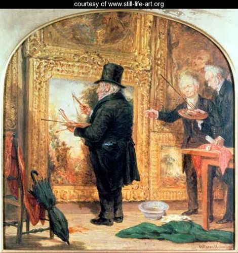 Varnishing day at the Royal Academy was the occasion when an artist was allowed to put final touches on his paintings before exhibition. Turner, shown in this 1846 cartoon by William Parrott, sometimes used the opportunity to paint much of a picture. 