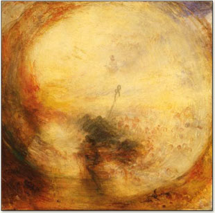 Turner. The Morning After the Deluge. 1843. '' He is intrigued by the anti-Newtonian doctrines expounded in Goethe’s Farbenlehre in 1810 that proposed that there are three core colors, not seven as Newton found. However, Turner feels that even Goethe had underappreciated the constructive role of darkness in the generation of color.''