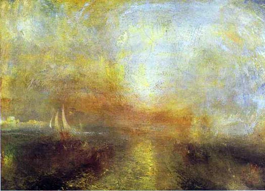 Turner. Yacht Approaching the Coast. One of Turner,s late oil sketches. it was painted for his own enjoyment and was not exhibited in his lifetime. It became admired and sanctified by the followers of modern abstractionism.