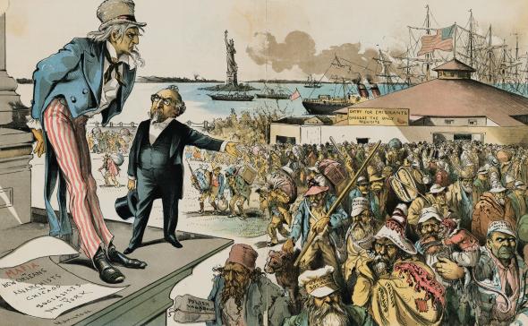''The flood of immigrants into the United States in the late 1800s and labor wars that racked the nation for decades mobilized a national movement to restrict immigration. In this 1891 political cartoon, a judge scolds Uncle Sam that "If Immigration was properly Restricted you would no longer be troubled with Anarchy, Socialism, the Mafia and such kindred evils!" After he resigned from the Supreme Court in 1880, Justice William Strong became president of the National Association to Secure the Religious Amendment of the Constitution, which sought to restrict the influx of Catholic and Jewish immigrants and to declare the United States a “Christian nation.”  