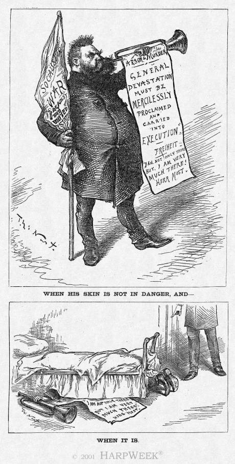  Harper's Weekly cartoon by Thomas Nast ridicules the allegedly false bravado of anarchist Johann Most, who trumpets his call for class warfare (top) when he is not personally in danger, but cravenly hides under his bed (bottom) when the police arrive to arrest him.