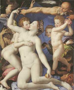 Name:"Allegory of Love" Museum:National Gallery, London, England Artist and Year:Bronzino,ca.1545 Theme:Goddess Aphrodite in an intimate scene with Eros, in a painting symbolizing carnal Love.